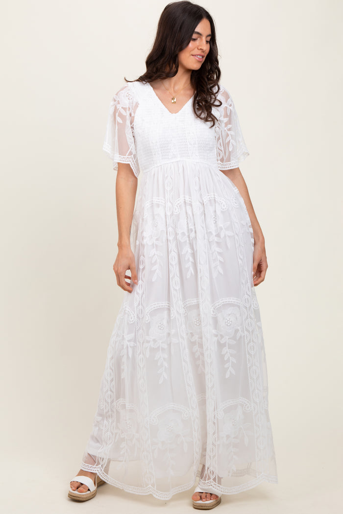 White Smocked Top Lace Maternity Maxi Dress