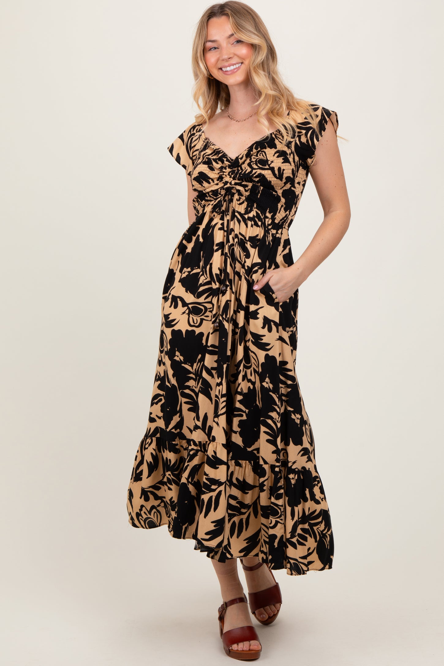 Black Mocha Smocked Top Maternity Midi Dress