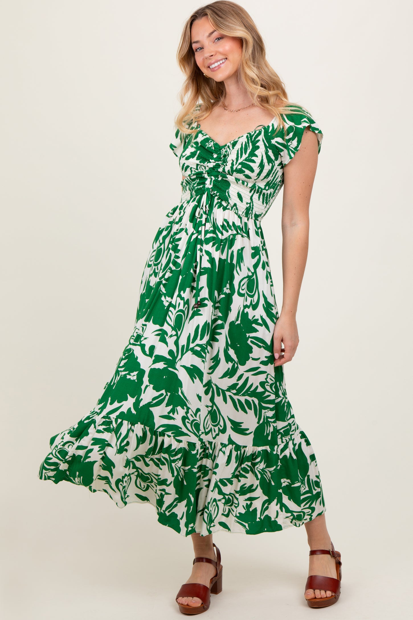 Green Cream Smocked Top Maternity Midi Dress