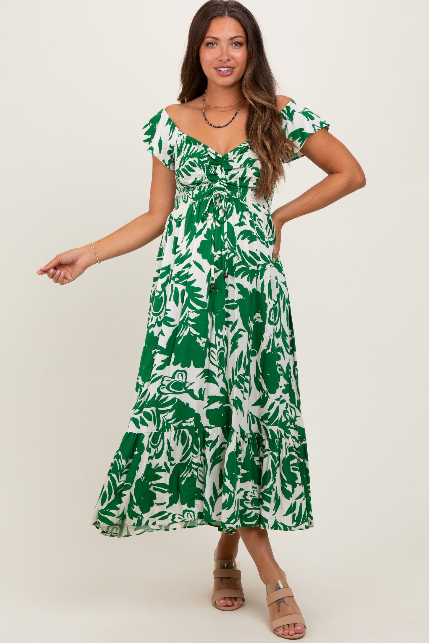 Green Cream Smocked Top Maternity Midi Dress