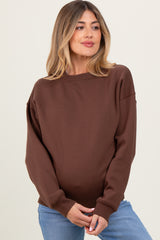 Brown Basic Fleece Crewneck Maternity Sweatshirt