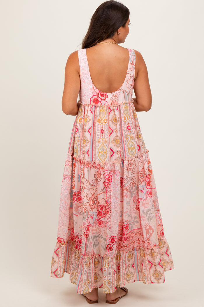 Peach Abstract Printed Maternity Maxi Dress