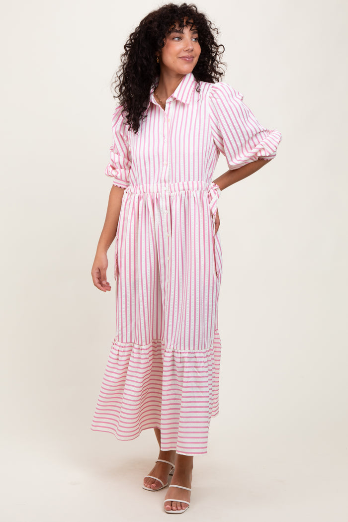 Pink Striped Collar Maternity Maxi Dress