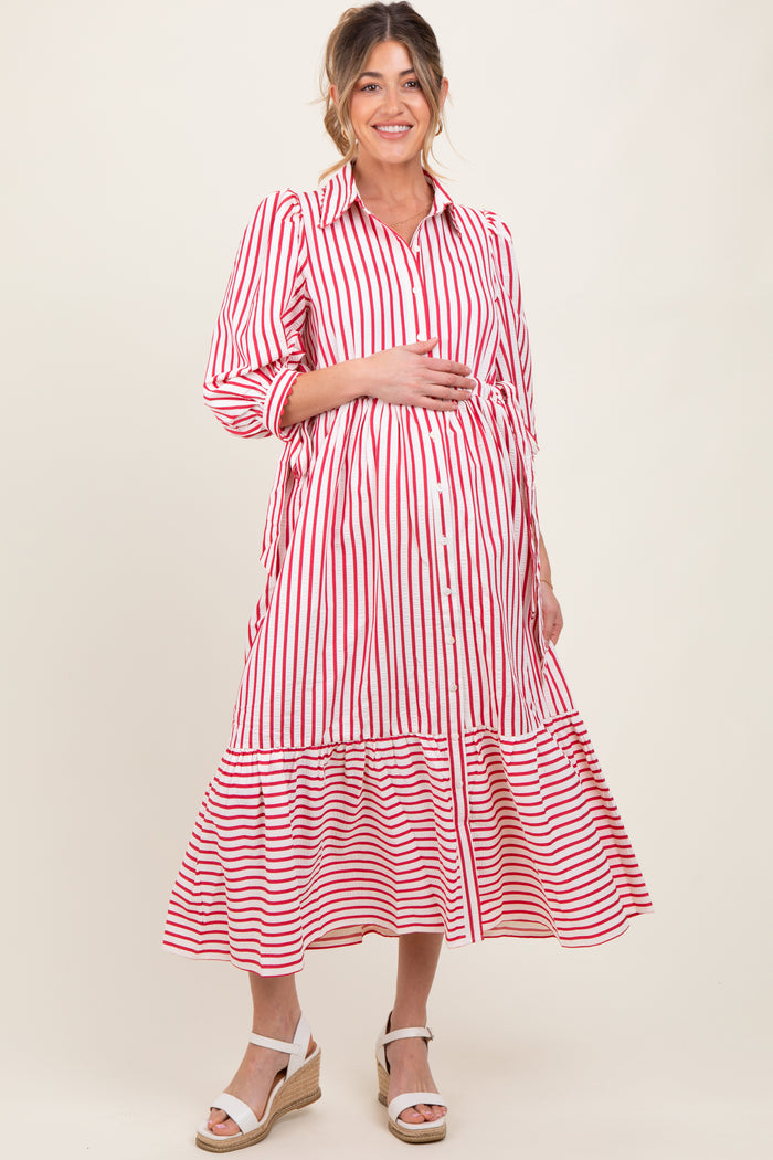 Red Striped Collar Maternity Maxi Dress
