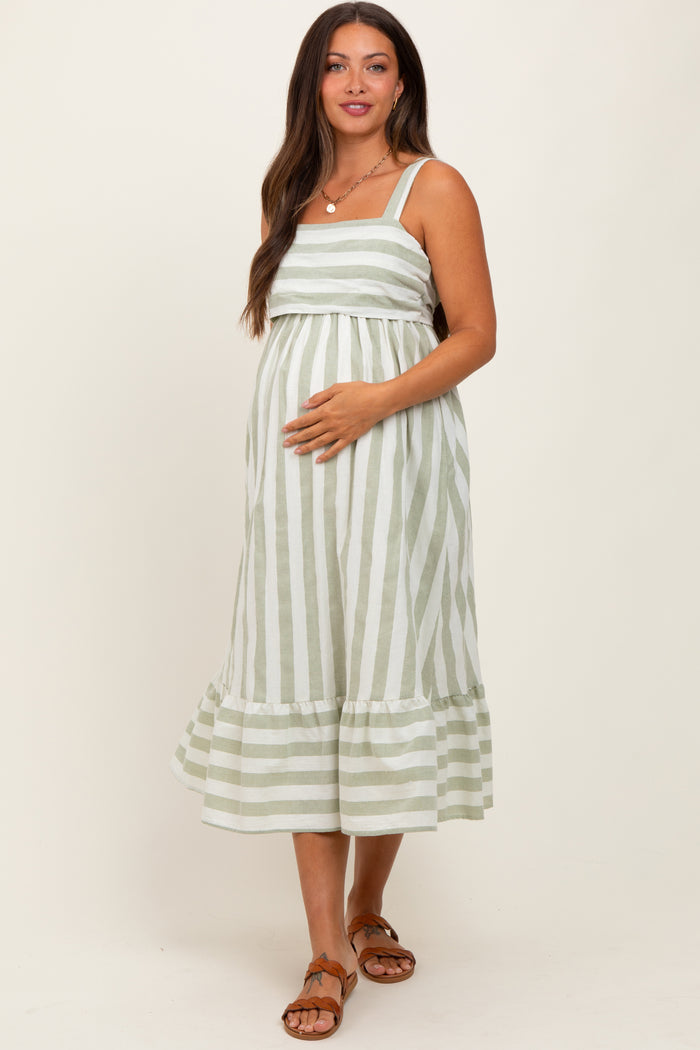 Sage Stripe Back Ribbon Tie Maternity Midi Dress