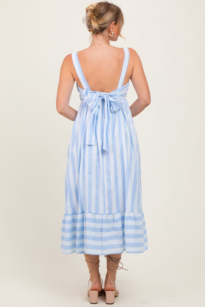 Light Blue Stripe Back Ribbon Tie Midi Dress