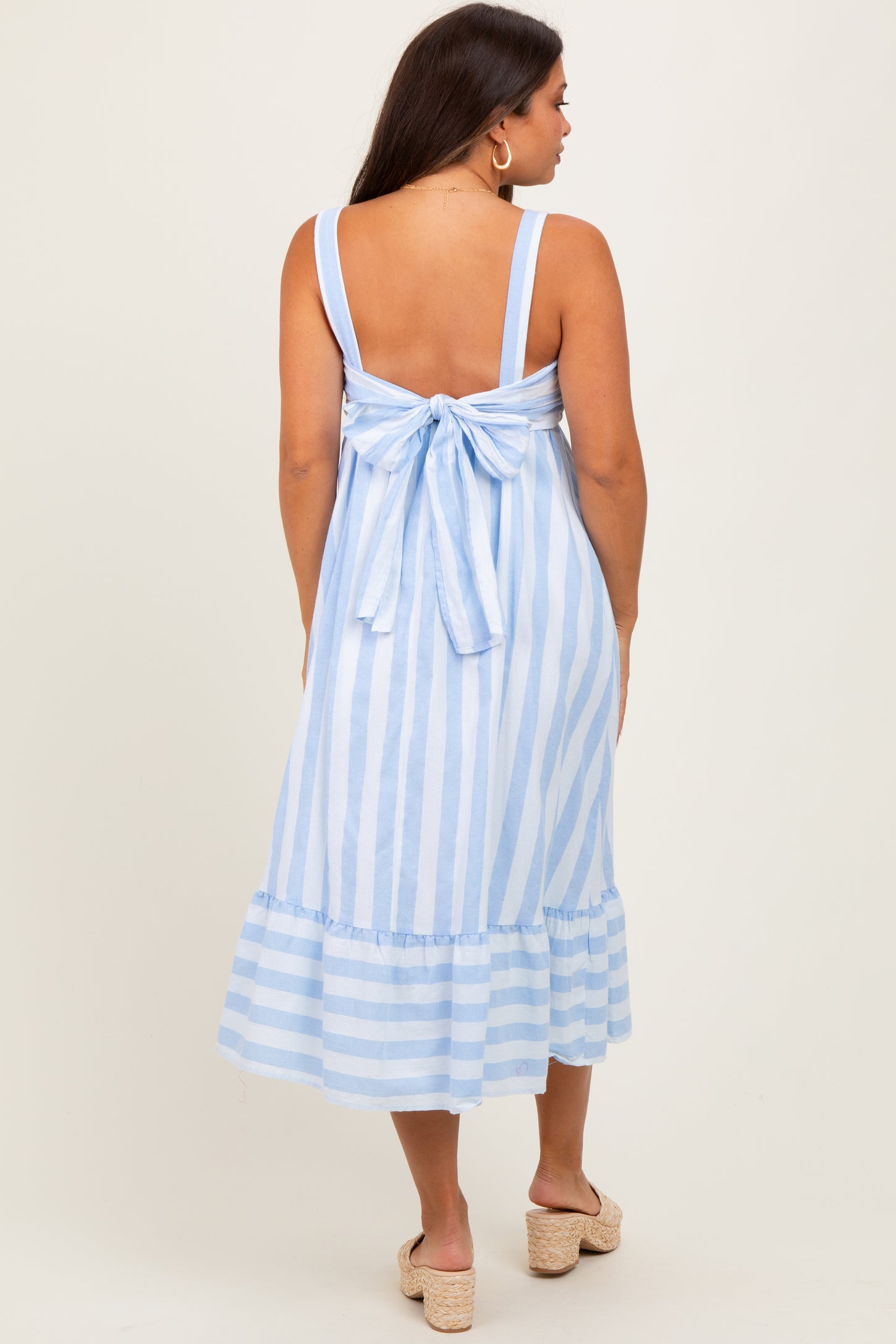 Light Blue Stripe Back Ribbon Tie Maternity Midi Dress