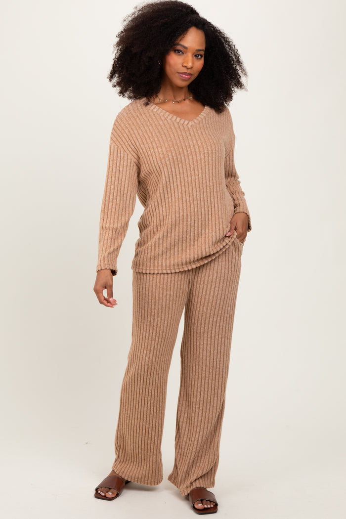 Taupe Ribbed Soft Knit Long Sleeve Maternity Pajama Set