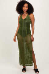 Olive Crochet V-Neck Side Slit Cover Up