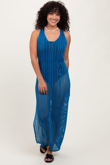 Blue Crochet V-Neck Side Slit Cover Up
