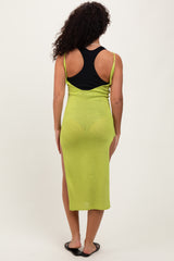 Green Solid Spaghetti Strap Slit Backless Cover Up Dress