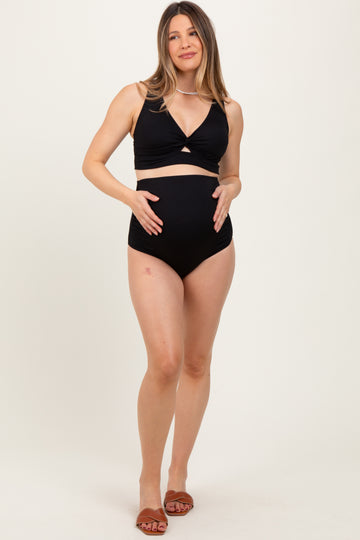 Black Ribbed Twist Cutout Front Maternity Swim Set