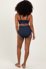 Navy Ribbed Twist Cutout Front Swim Set