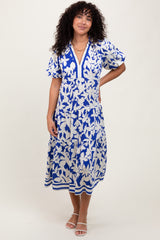 Blue Botanical Print A Line Tiered Maternity Dress