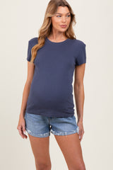 Blue High Rise Cuffed Maternity Denim Shorts