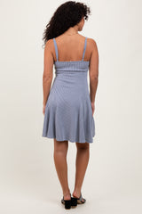 Light Blue Solid Ribbed Knitted Adjustable Strap Sleeveless Mini Dress