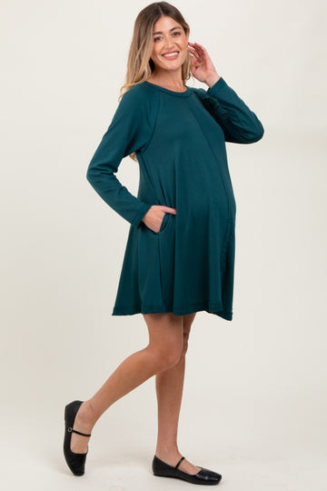 Green Crew Neck Flared Fit Long Sleeve Maternity Mini Dress