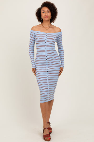 Light Blue Striped Ribbed Button Accent Off Shoulder Dress