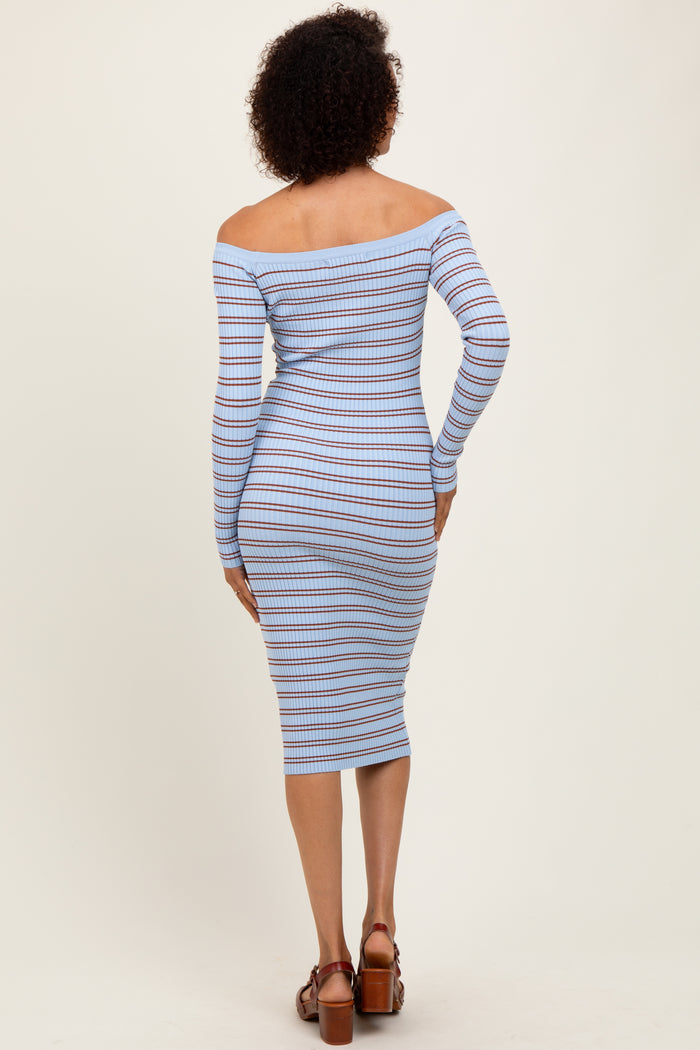 woman wearing a blue and white striped off-the-shoulder bodycon dress with long sleeves, showing the back view