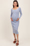 Light Blue Striped Ribbed Button Accent Off Shoulder Maternity Dress