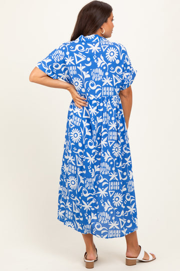 Blue Abstract Floral Shirt Maternity Midi Dress