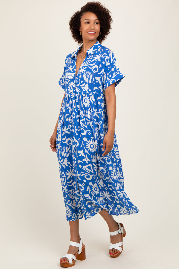 Blue Abstract Floral Shirt Midi Dress