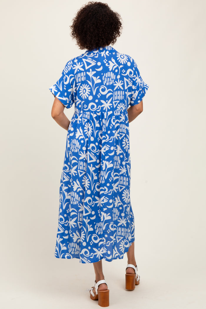 Blue Abstract Floral Shirt Midi Dress