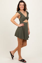 Olive Ribbed Ruffle Twist Front Swim Dress