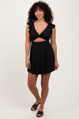 Black Ribbed Ruffle Twist Front Swim Dress