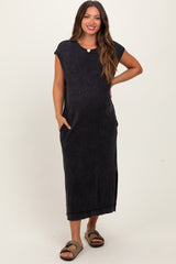 Black Casual Sleeveless Pocketed Maternity Midi Dress