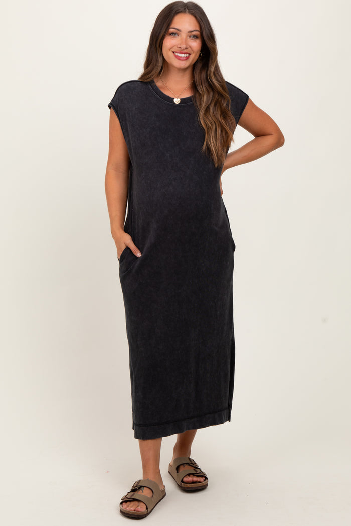 Black Casual Sleeveless Pocketed Maternity Midi Dress
