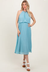 Blue Pleated Woven Midi Dress