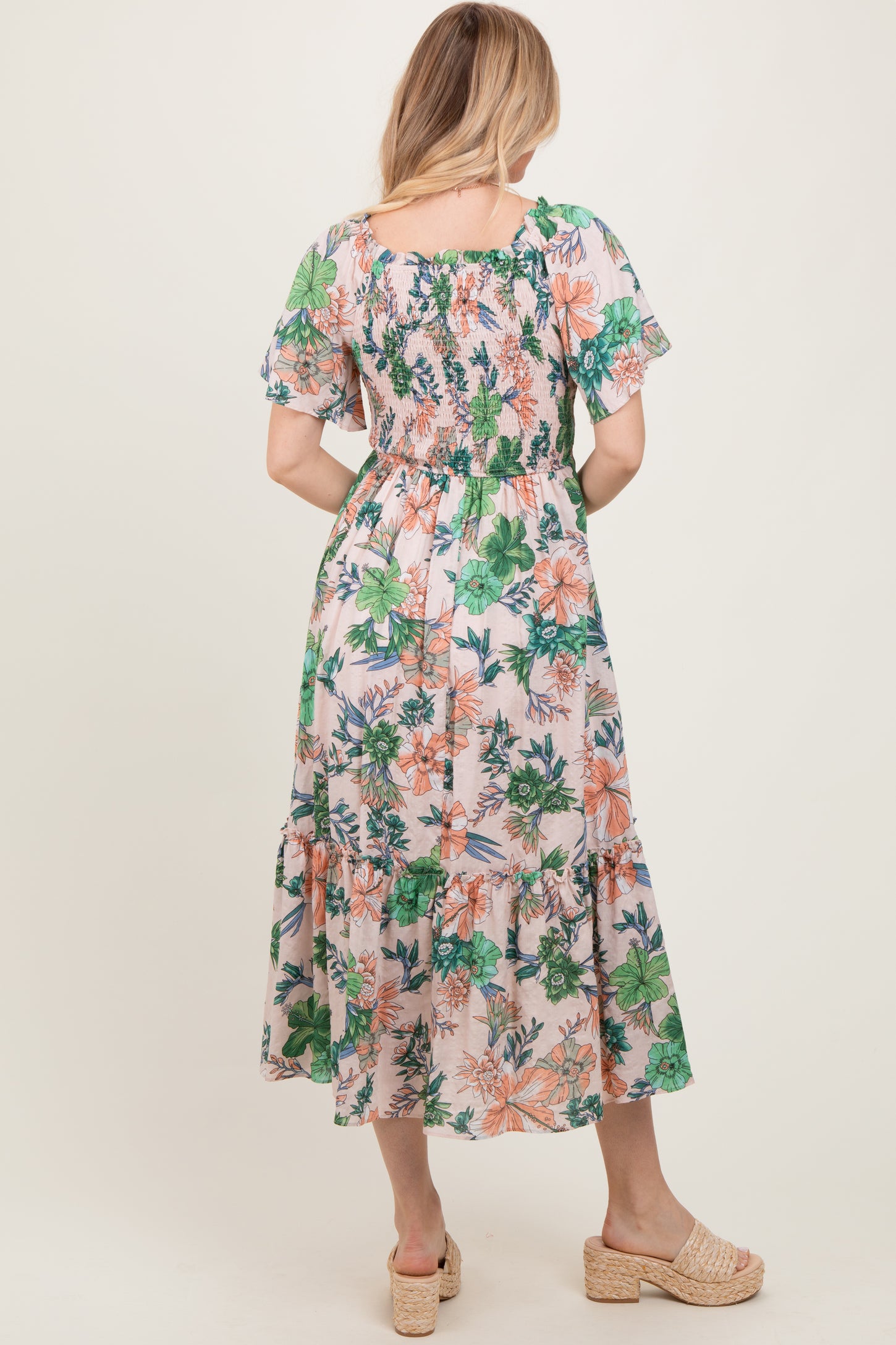 Light Pink Floral Print Woven Midi Dress