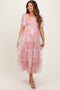 Pink Smocked Top Mesh Ruffled Maternity Midi Dress