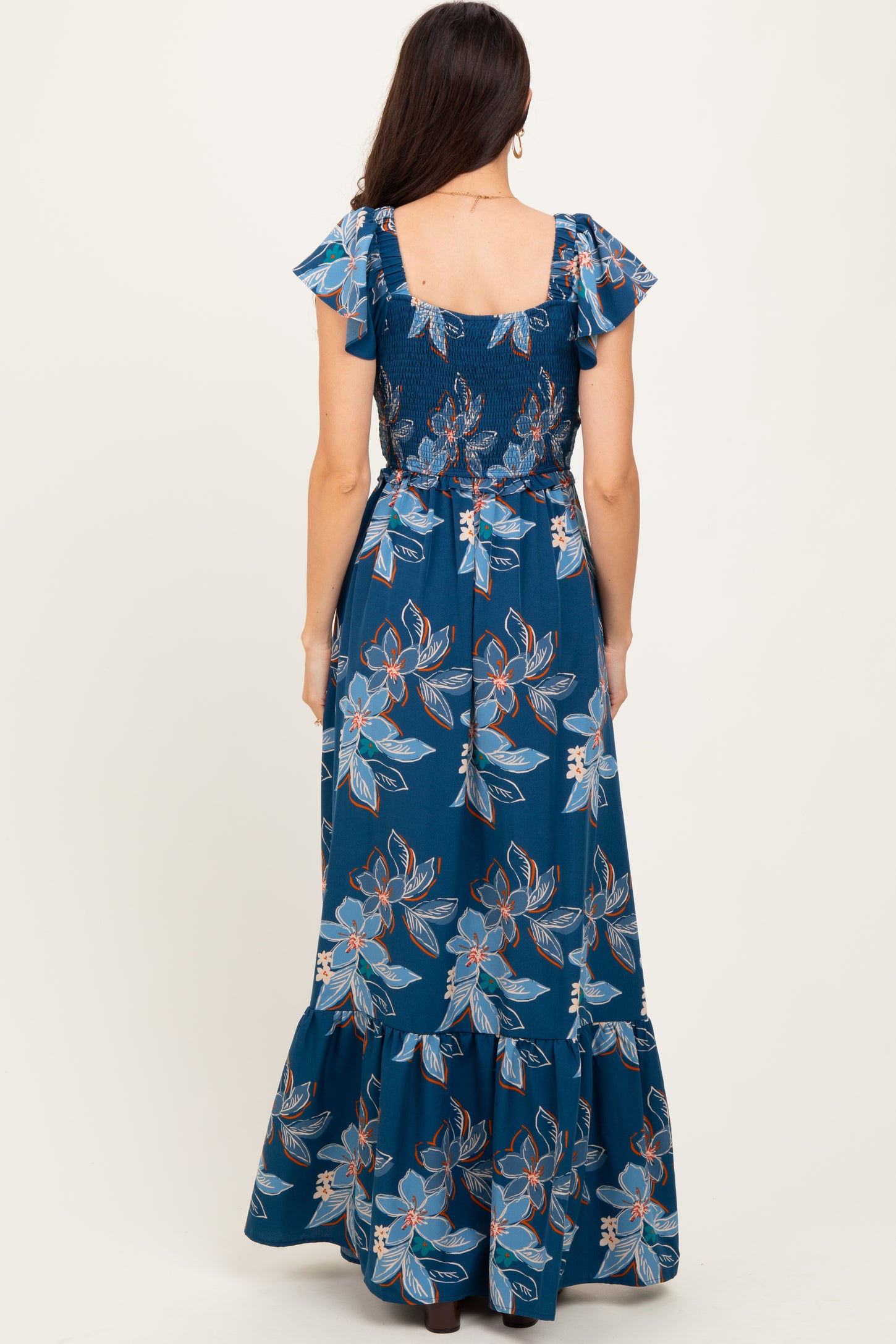Navy Floral Smocked Cinched Top Maxi Dress