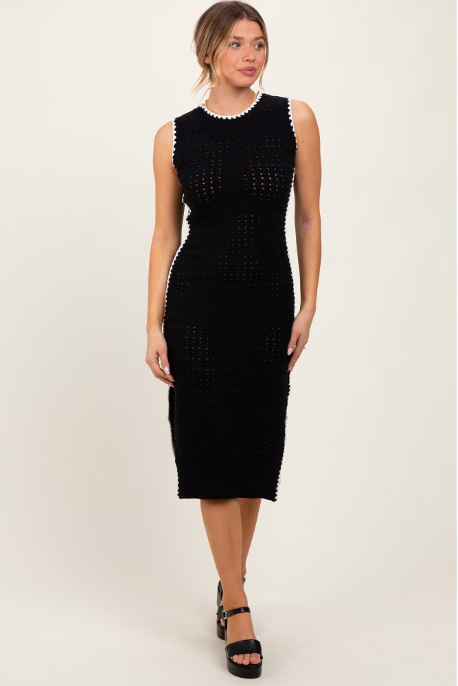 Black Pointelle Contrast Trim Sweater Maternity Midi Dress