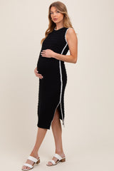 Black Pointelle Contrast Trim Sweater Maternity Midi Dress