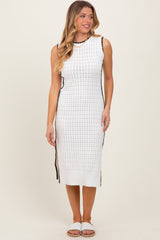 White Pointelle Contrast Trim Sweater Midi Dress