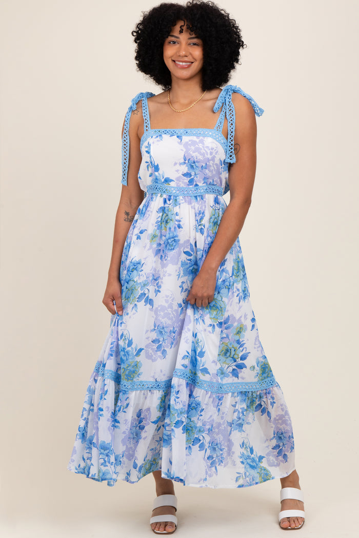 Blue Floral Shoulder Tie Tiered Maternity Maxi Dress