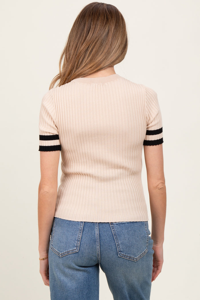 Beige Striped Short Sleeve Maternity Knit Top