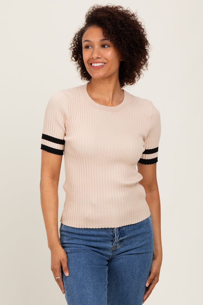 Beige Striped Short Sleeve Maternity Knit Top