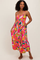 Orange Leaf Print Tie Back Maxi Dress