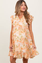 Orange Floral Chiffon Ruffle Short Sleeve Maternity Dress