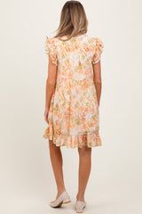 Orange Floral Chiffon Ruffle Short Sleeve Maternity Dress