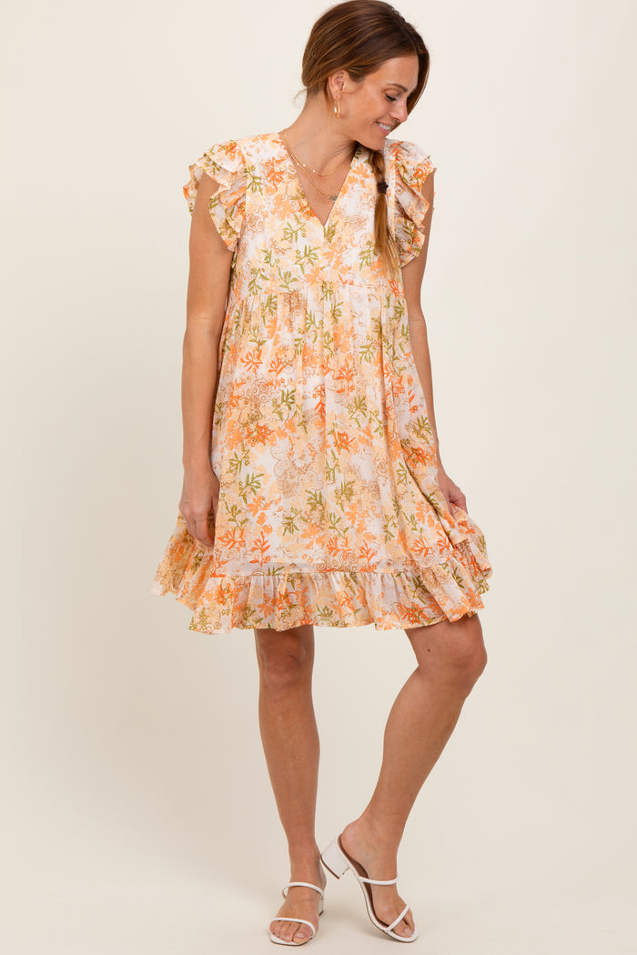 Orange Floral Chiffon Ruffle Short Sleeve Dress