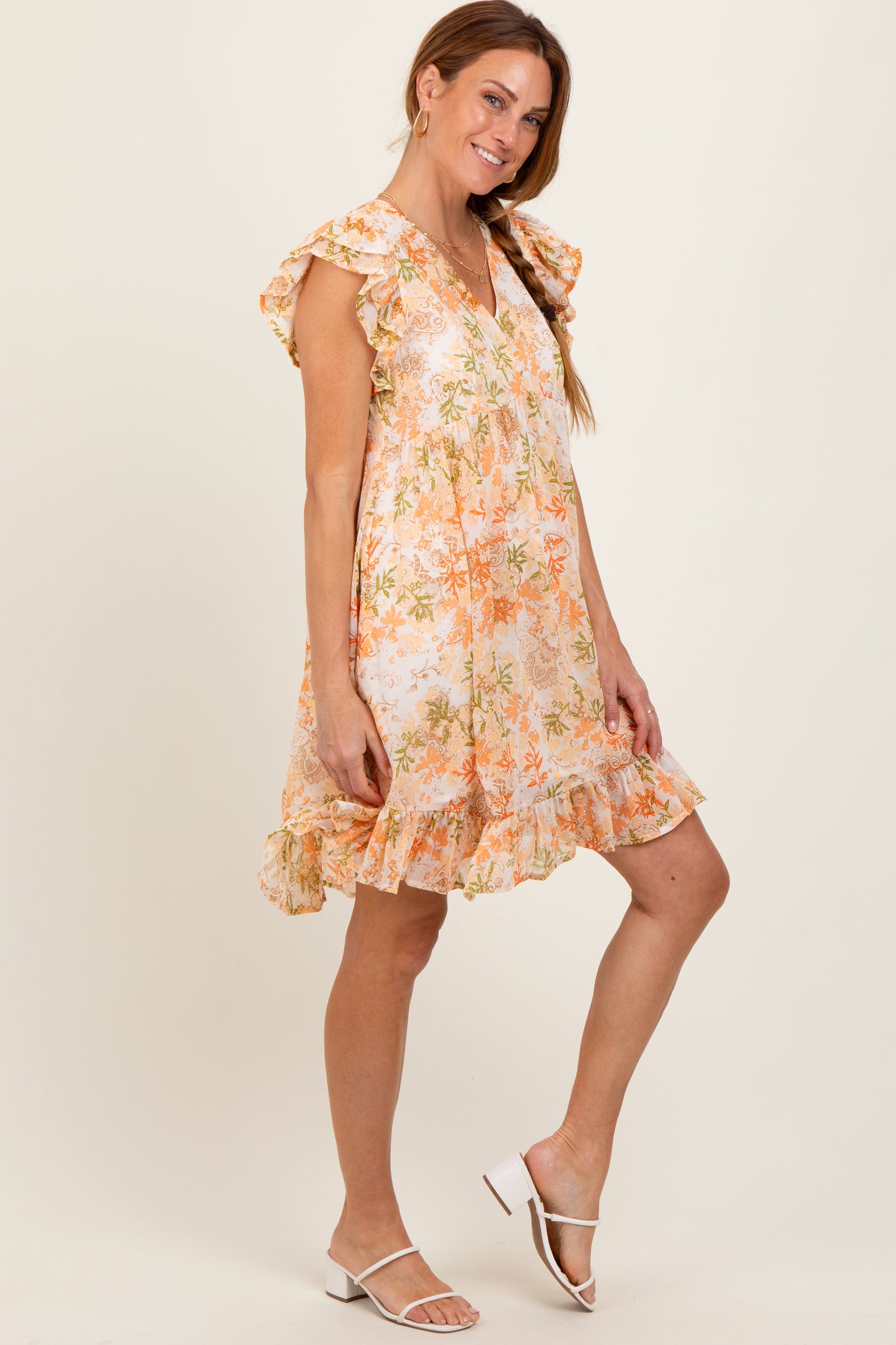 Orange Floral Chiffon Ruffle Short Sleeve Dress