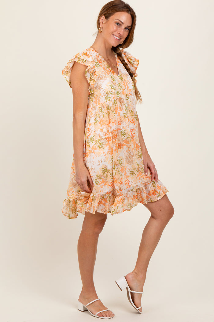 Orange Floral Chiffon Ruffle Short Sleeve Dress