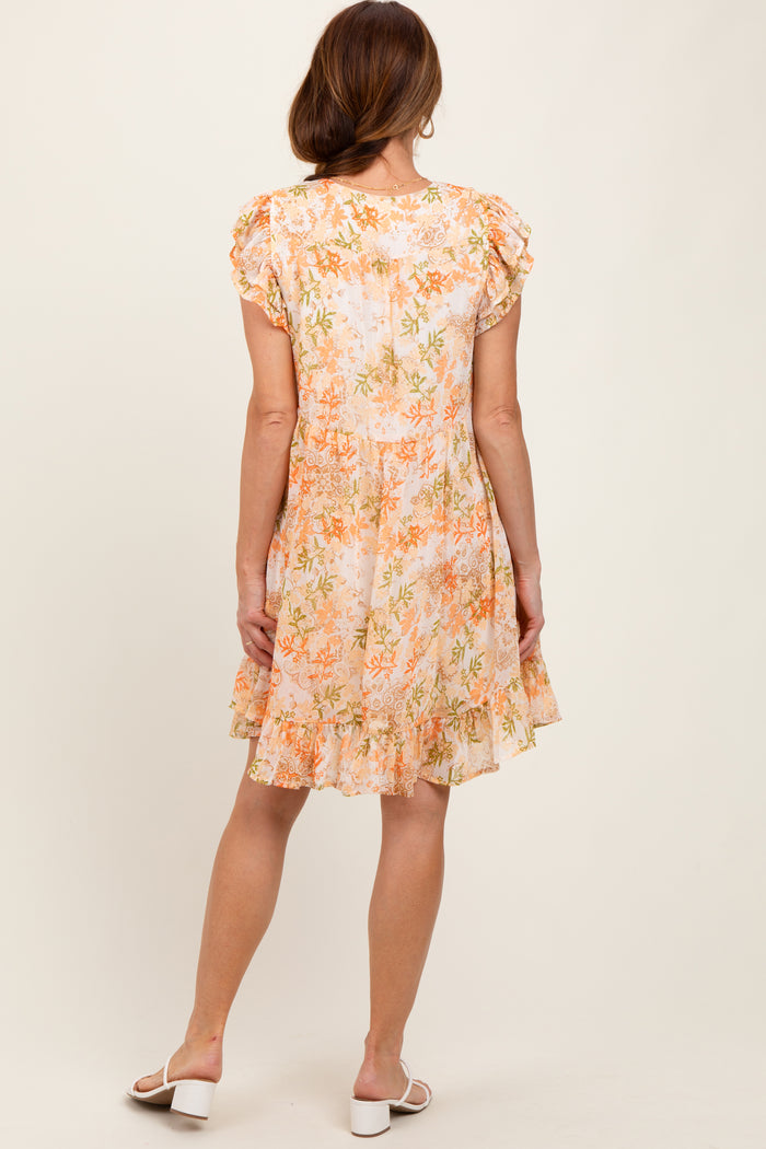 Orange Floral Chiffon Ruffle Short Sleeve Dress