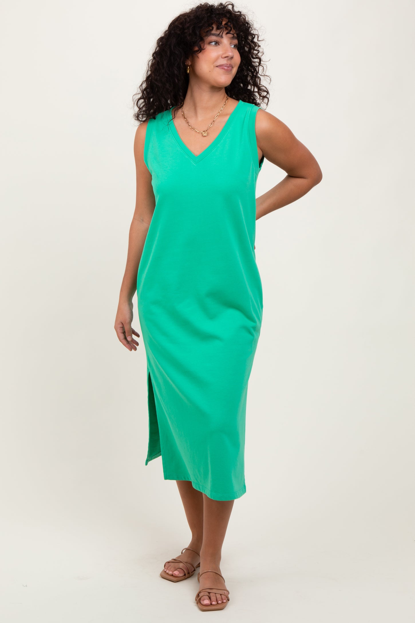 Green V-Neck Sleeveless Side Slit Maternity Midi Dress