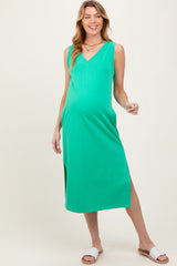 Green V-Neck Sleeveless Side Slit Maternity Midi Dress